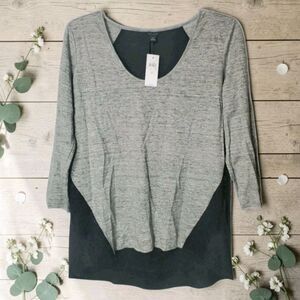 Ann Taylor LOFT Tunic Top Womens Medium Gray Black Lace 3/4 Sleeves Lagenlook
